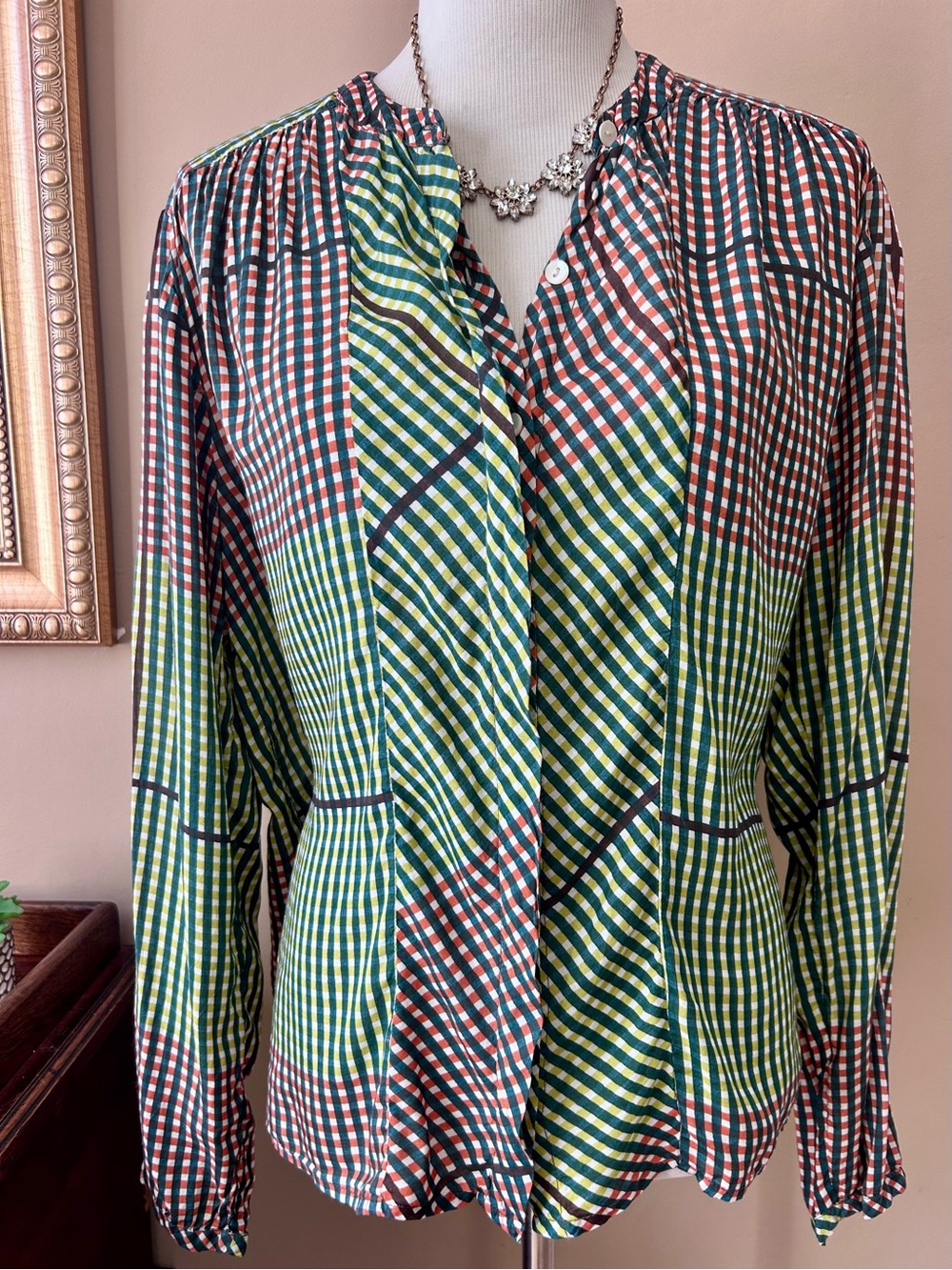Roberta Freymann Green Orange Brown Plaid Button Down Indian Cotton Size Large L